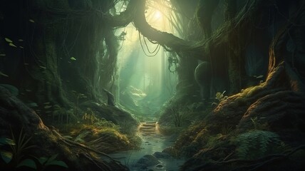 Deep Forest Fantasy Backdrop, Concept Art, CG Artwork, Realistic Illustration with Generative AI
