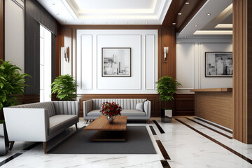 Modern and contemporary lobby area interior design with wooden material. Generative ai illustration