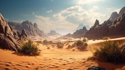 Desert Fantasy Backdrop, Concept Art, CG Artwork, Realistic Illustration with Generative AI
