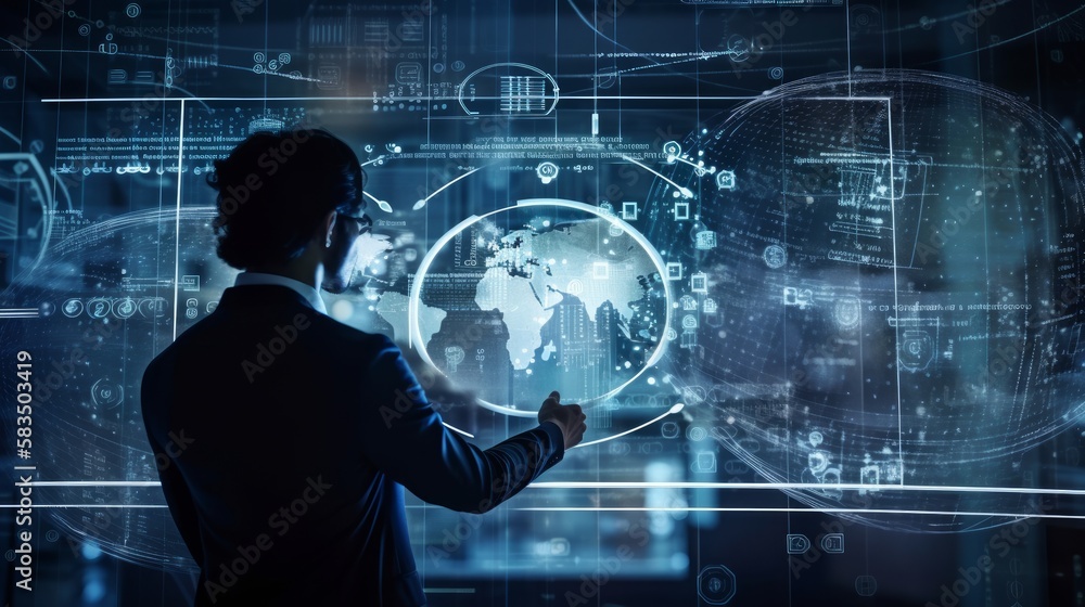 Poster back view of businessman working with virtual panel and media interface. generative ai