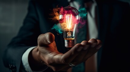 Businessman holding a glowing lightbulb in his hand. Business and energy concept. Generative AI