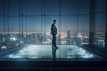 Fototapeta na wymiar Businessman standing on glass roof of office building and looking at city, Generative AI