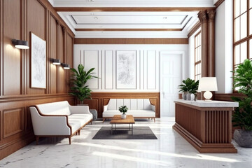 Contemporary design of lobby area interior with wooden material. Generative ai illustration