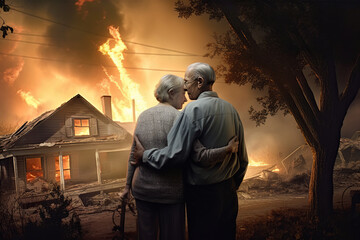 Senior couple in front of burning house. Generative AI