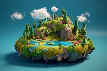 3D Earth Model, Mountain Isolated, Piece Of Land, Green Field, Sustainable Energy, Fantasy Island, Water, Clouds, Trees, Generative AI
