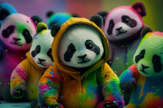 Baby pandas wearing plain color hoodies with vivid color bomb explosion backgrounds, cute and adorable animals, explosive colorful backgrounds, digital art. Generative AI