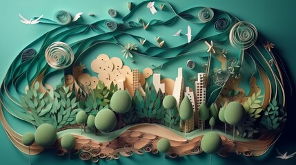 Sustainability And Environment, Paper Quilling, Planet Earth, Eco-Friendliness, Green Energy, Green Cities, Renewable Energy, Reducing CO2 Emission, Energy Revolution, Generative AI
