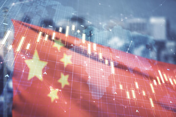 Abstract creative financial graph and world map on Chinese flag and skyline background, financial and trading concept. Multiexposure