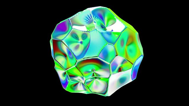 Abstract irregular shape green blue violet sphere voronoi module iridiscence radient looping animation 3D render