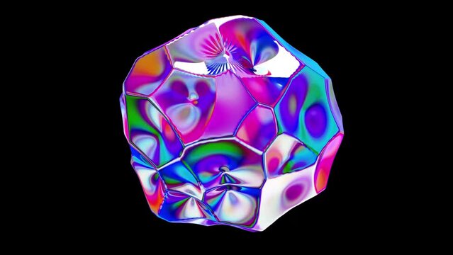 Abstract irregular shape pink blue orange sphere voronoi module iridiscence radient looping animation 3D render, 
