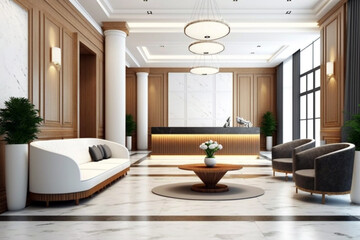 Contemporary design of lobby area interior with wooden material. Generative ai illustration