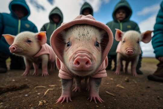 Baby Piglets wearing plain color hoodies with vivid color bomb explosion backgrounds, cute and adorable animals, explosive colorful backgrounds, digital art. Generative AI