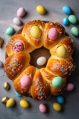 Freshly baked sweet Easter bread decorated with colorful chocolate eggs on wooden board top down view. Traditional holiday pastry in Italy Greece eastern Europe. AI generated