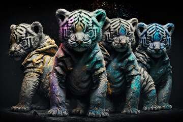 Fototapeta na wymiar Group of baby tigers wearing plain color hoodies with vivid color bomb explosion backgrounds, cute and adorable animals, explosive colorful backgrounds, digital art. Generative AI