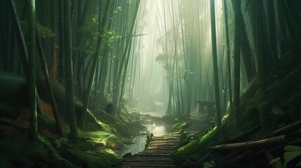 Bamboo Forest Fantasy Backdrop, Concept Art, CG Artwork, Realistic Illustration with Generative AI
