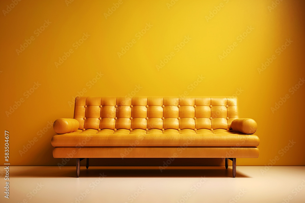 Wall mural soft yellow sofa on yellow background, 3d illustration, ai generated image. modern minimalistic livi