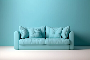 Soft blue sofa on blue background, 3D illustration, AI generated image. Modern minimalistic living room interior detail. Cosiness, social media and sale concept, creative advertisement idea
