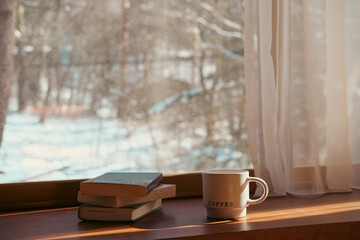 Coffee and books on a snowy day, Karuizawa Japan, 2022