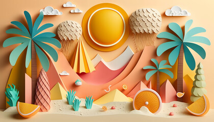 Background about summer made in 3D origami paper. AI Generated