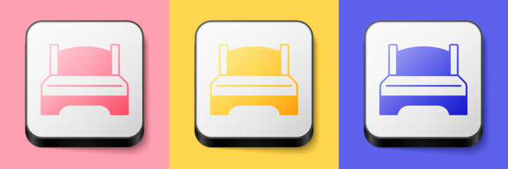 Isometric Big bed for two or one person icon isolated on pink, yellow and blue background. Square button. Vector