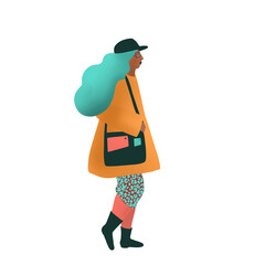 Ilustraci√≥n de mujer de negocios moderna y divertida caminando, vista lateral, abrigo colorido con falda de animal print. Aislado sobre fondo blanco