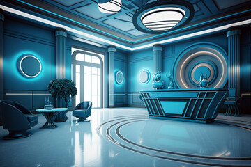 Futuristic blue lobby room with futuristic sofa and furniture’s concept. Generative ai illustration