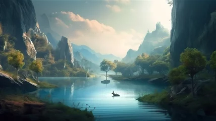 Fototapeten Lake Fantasy Backdrop, Concept Art, CG Artwork, Realistic Illustration with Generative AI  © YandiDesigns