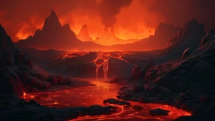 Abwaschbare Fototapete Rot  violett Lava Volcano Fantasy Backdrop, Concept Art, CG Artwork, Realistic Illustration with Generative AI 