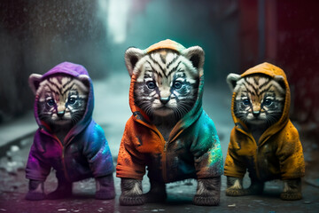 Group of baby tigers wearing plain color hoodies with vivid color bomb explosion backgrounds, cute and adorable animals, explosive colorful backgrounds, digital art. Generative AI