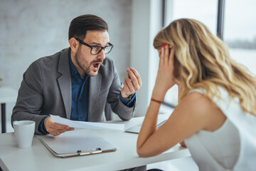 Fototapeta na wymiar Angry businessman arguing with businesswoman about paperwork failure at workplace, executives having conflict over responsibility for bad work results, partners disputing about contract during meeting