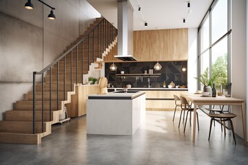 Interior of a white and wooden kitchen with a black counter, concrete floor, contemporary staircase, and backsplash. an angle. simulated toned image. Generative AI