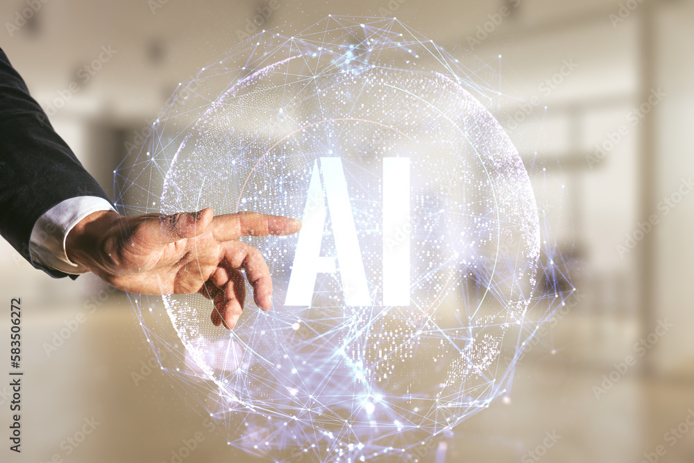 Aufkleber man hand clicks on creative artificial intelligence symbol hologram on blurred office background. do