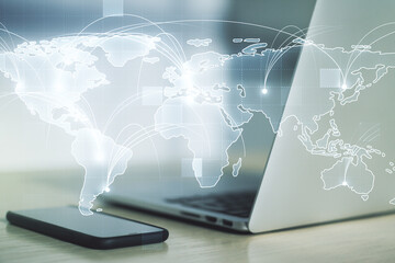 Abstract graphic digital world map with connections on modern computer background, globalization concept. Multiexposure