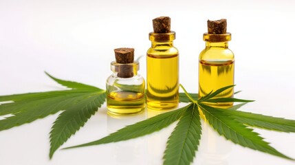Cannabis Leafs and CBD Oil bottles