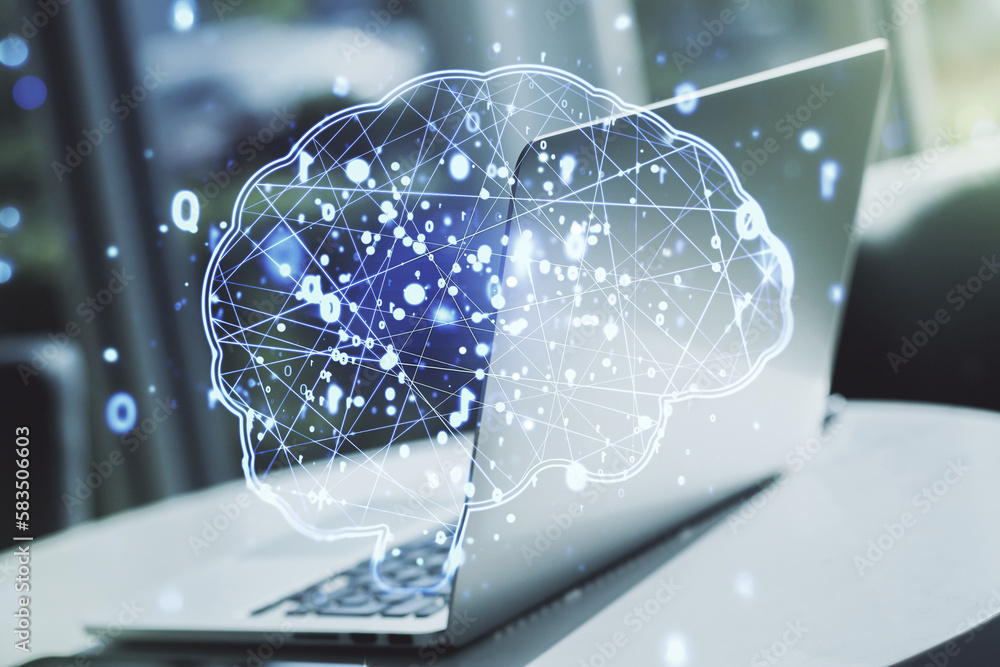 Aufkleber double exposure of creative artificial intelligence symbol with modern laptop on background. neural 