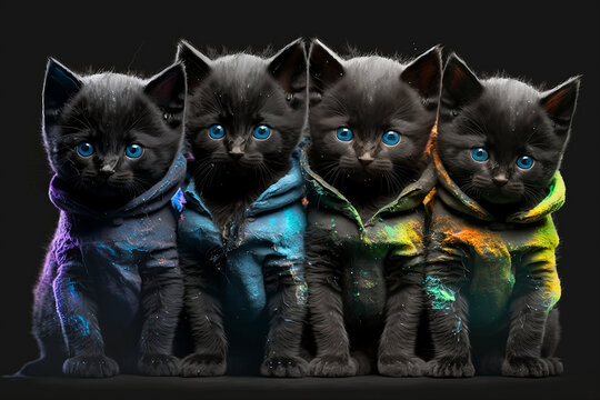 black baby cats wearing plain color hoodies with vivid color bomb explosion backgrounds, cute and adorable animals, explosive colorful backgrounds, digital art. Generative AI