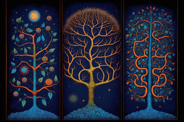 Sati Collection · Sacred Tree Illustration · Triptych · Nature Art · Mysticism · Natural World · Meditation - obrazy, fototapety, plakaty