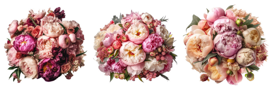 Peony bouquet or wedding arrangement, fresh bunch of flowers. AI generative, isolated on transparent background.