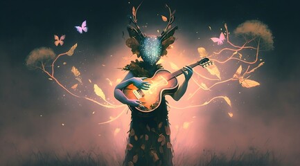 creature with branch head playing magic banjo string instrument with glowing butterflies, digital art style, illustration painting, Generative AI - obrazy, fototapety, plakaty