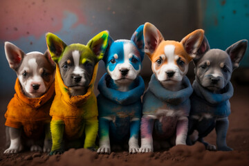 Group of baby dog puppies wearing plain color hoodies with vivid color bomb explosion backgrounds, cute and adorable animals, explosive colorful backgrounds, digital art. Generative AI