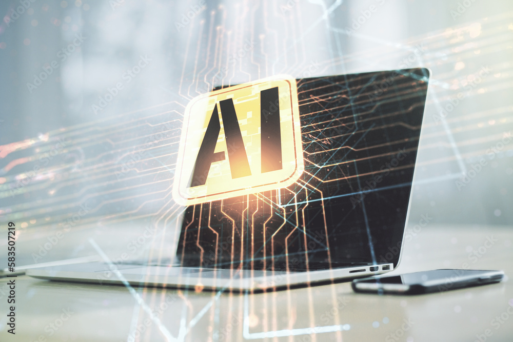 Aufkleber Double exposure of creative artificial Intelligence icon with modern laptop on background. Neural networks and machine learning concept
