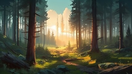 Pine Forest Fantasy Backdrop, Concept Art, CG Artwork, Realistic Illustration with Generative AI
