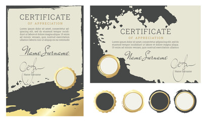 Blank for certificate or diploma with golden brush strokes. Vector illustration, set of backgrounds with gold strokes.	