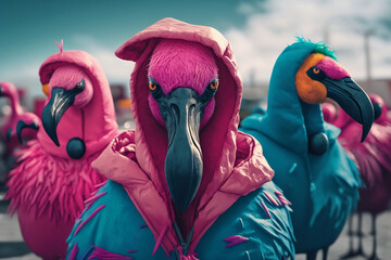 Group of flamingos wearing plain color hoodies with vivid color bomb explosion backgrounds, cute and adorable animals, explosive colorful backgrounds, digital art. Generative AI