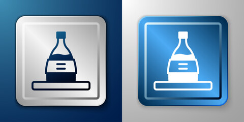 White Bottle of sake icon isolated on blue and grey background. Silver and blue square button. Vector