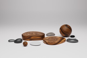 Podium, Cosmetic display stand with pebble stones and wood material on grey background. 3D rendering