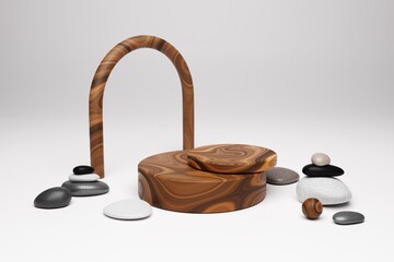 Podium, Cosmetic display stand with pebble stones and wood material on grey background. 3D rendering
