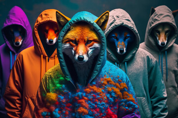 Group of foxes wearing plain color hoodies with vivid color bomb explosion backgrounds, cute and adorable animals, explosive colorful backgrounds, digital art. Generative AI