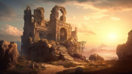 Ruin Building Fantasy Backdrop, Concept Art, CG Artwork, Realistic Illustration with Generative AI
