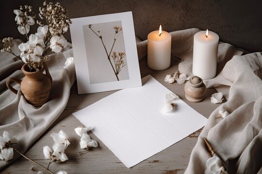 Mockup setting for fashionable wedding stationery. On a background of white linen, there is an empty vertical greeting card with dried white flowers. Top view of a feminine still life. Generative AI